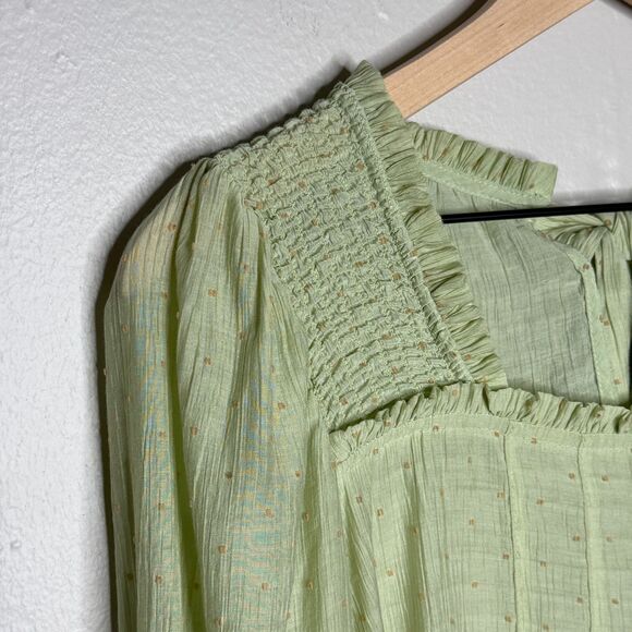 Blu Pepper Womens Peasant Top Medium Light Green Yellow Polka Dots Dainty Brunch - Picture 8 of 10